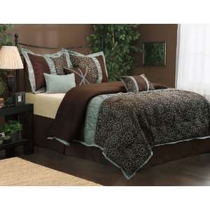  7 Pieces Luxury Brown Aqua Embroidery Floral Comforter Set 