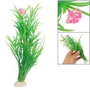   Pink Flower Green Grass Plastic Decor for Fish Aquarium
