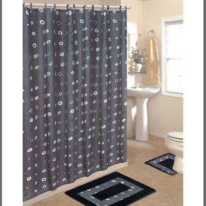 BATH SET 2 Rugs/Fabric Shower Curtain/Rings  