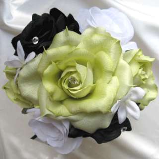 Wedding Cascade Bouquet Bridal Silk flowers GREEN BLACK WHITE 17pc 