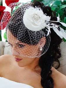 Bridal Feather Hat and Bird Cage Veil White Or Ivory  