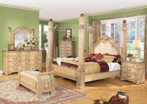 King Traditional Poster Canopy Bed w/ Leather 5 piece Bedroom Set w 