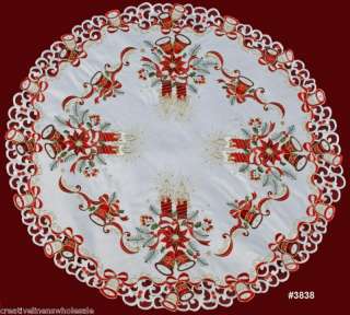 Christmas Embroidery Tablecloth 34 Round Holiday WHITE  