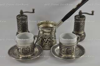 Espresso Turkish Coffee Set Handmade Crafted Copper Cup Pot Grinder 
