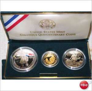 1992 Columbus Quincentenary 3 Coin Proof Set w/ Gold  