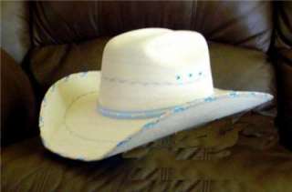 Cowgirl Hat Baby Blue Palm Leaf Chesney Style w/chin  