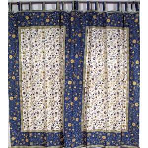   Blue Floral Cotton Block Print Door Window Curtains
