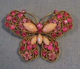 LARGE PINK RHINESTONE BUTTERFLY PIN~Gold Tone Metal~Unbranded~VERY 