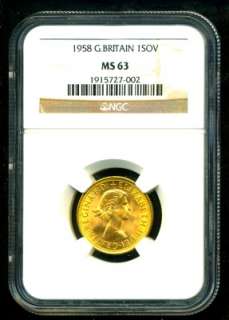 1958 BRITAIN Q E II GOLD COIN SOVEREIGN NGC CERTIF GENUINE GRADED MS 