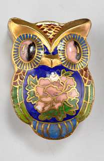   Cloisonne Owl Shaped Trinket Boxes Floral Enameled Design  