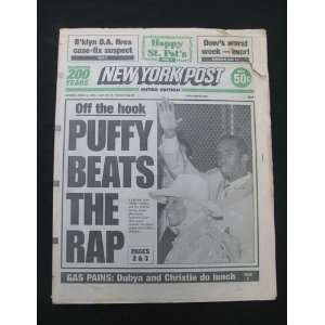 Puff Daddy Puffy Beats the Rap New York Post Cover March 17, 2001