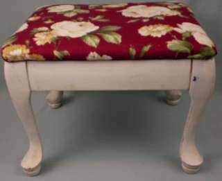 Vintage RED ROSE Fabric Hand Painted FRENCH Cottage CHIC Foot STOOL 