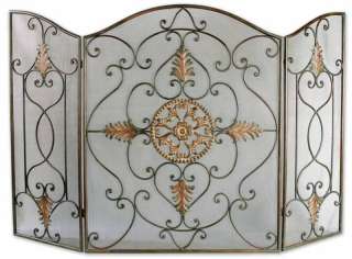 French Scroll Antique Gold 3 Panel Fireplace Screen  