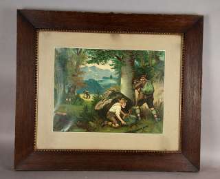 herewe offer a original antique oil print depicting a hunter and 