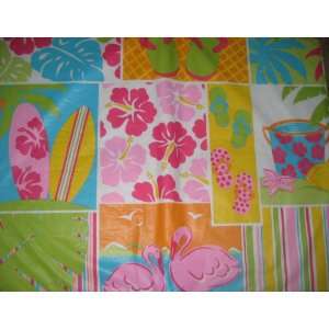 Bright Colored Tropical Vinyl Tablecloth with Flipflops, Sand Bucket 