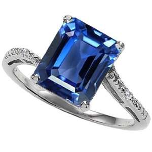   Created Emerald Cut Sapphire and Diamond Ring(Metalwhi Jewelry
