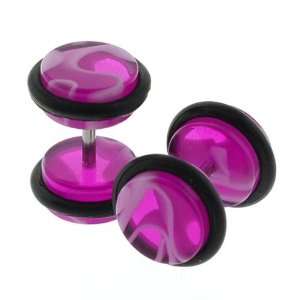 Purple Marble Acrylic Fake Plugs   0G, 16G Ear Wire   Double O Rings 