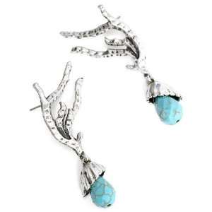 Hammered Dangle Earrings; 2L; Burnished Silver Metal; Turquoise Beads 