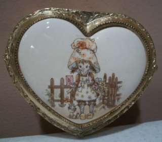 Vintage Goldtone Footed Metal Heart w/Child Trinket Box  