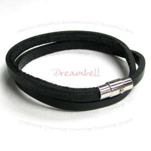 Steel 2 Rounds Black Leather Magnetic Bracelets 8  