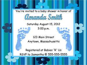 Boy Blue Feet Flowers Baby Shower Invitations Personalized  