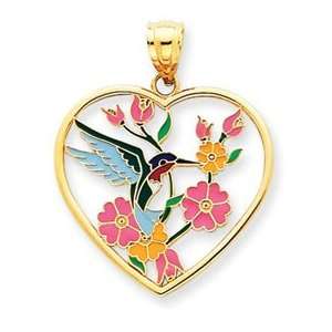   14k Yellow Gold Enameled Hummingbird w/Flowers Heart Pendant Jewelry