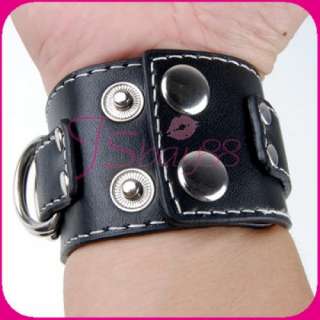 Handmade Mens Skull D Ring Black Leather Wristband Cuff  