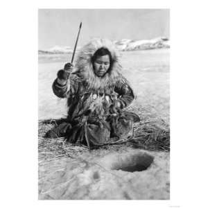  Eskimo Woman Fishing through Ice in Alaska Photograph 