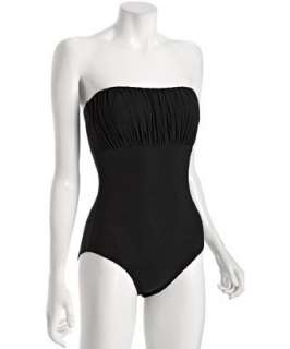 Badgley Mischka Platinum Label black solid shirred strapless swimsuit 