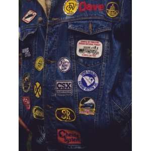 Mans Denim Jacket Covered with Railroad Related Patches Stretched 
