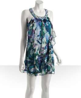Laundry by Shelli Segal blue silk embellished neck printed tiered 