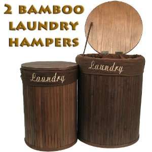  Set of 2 Brown Bamboo Laundry Hampers with Cotton Liners 