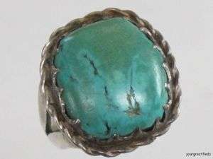 OLD NAVAJO HAND WROUGHT STERLING SILVER & NATURAL TURQUOISE RING 