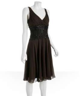 Tadashi Shoji brown chiffon black lace dance dress   
