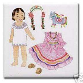 Mexican girl paper doll, with folkloric dress and pinata. For paper 