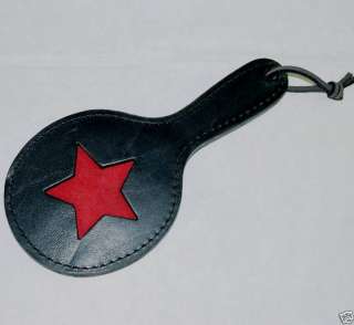   Black, Metal Reinforced Leather Ping Pong Paddle with Red Star  