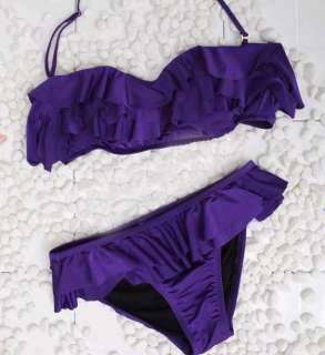 purple 3 ruffle bikini tube top bottom set half push up removable pad 