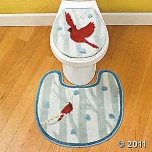 RED CARDINAL AND BIRCH TOILET LID COVER AND RUG NEW  