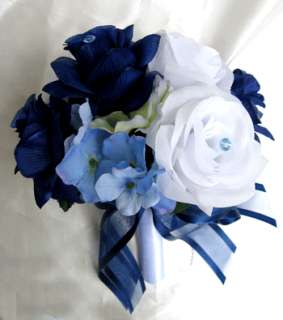  Bouquet Bridal Silk flowers NAVY BLUE WHITE PERIWINKLE 17pc bouquets