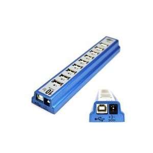   10 Ports Blue USB Hub 2.0 High Speed with Power Adapter Electronics