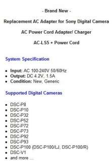 Sony DSC P100/R cybershot digital camera power cord  