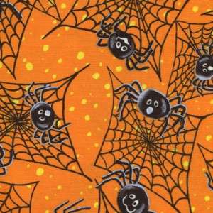 SMILEY SPIDERS & WEBS ON ORANGE   Cotton Quilt Fabric  