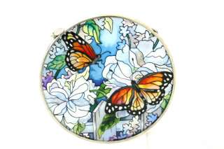 Monarch Butterfly and Flowers Round Handpainted Glass Suncatcher 
