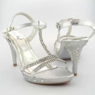 Womens Evening High Heel T Strap Sandals w/ Rhinestones Silver Size 5 