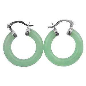 Light Green Jade Large Traditional Hoop Earrings, 925 Sterling Silver