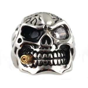 Casted Stainless Steel Skull Ring with Cubic Zirconia & Bullet Size 10