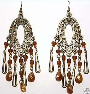 Antique Brass, Pewter and Amber Acrylic Bead Earrings  