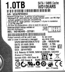 Western Digital WD10EARS 22Y5B1 1Tb SATA dcm DGNNHT2MAB 890552695942 