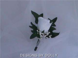 White Silk Rose Mens Boutonnieres, Quinceanera Flowers  