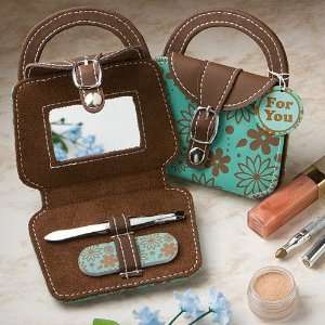 Adorable mini teal handbag design beauty kits (Set of 48)  
